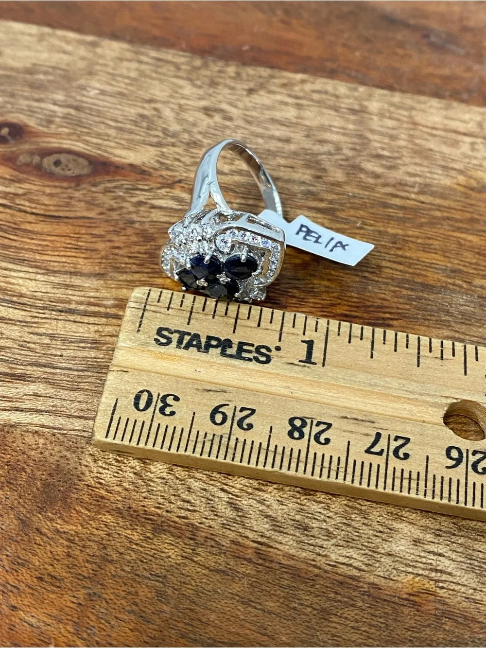 925 Sterling Silver Natural Dark Blue Sapphire And CZ Ring
